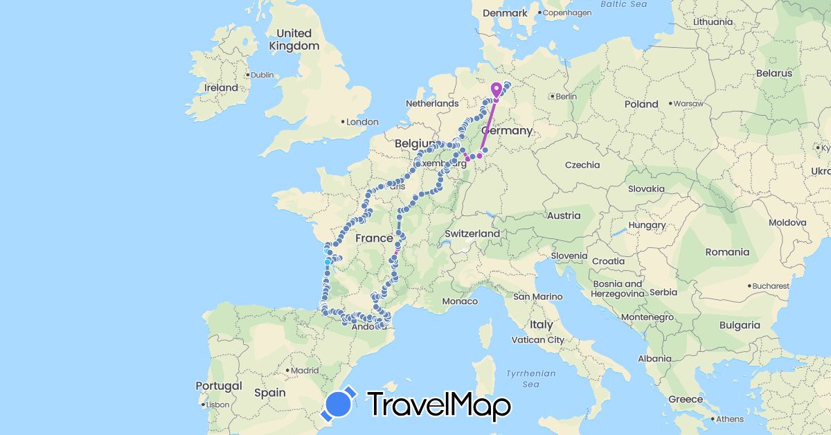 TravelMap itinerary: driving, cycling, train, boat in Belgium, Germany, France, Luxembourg (Europe)